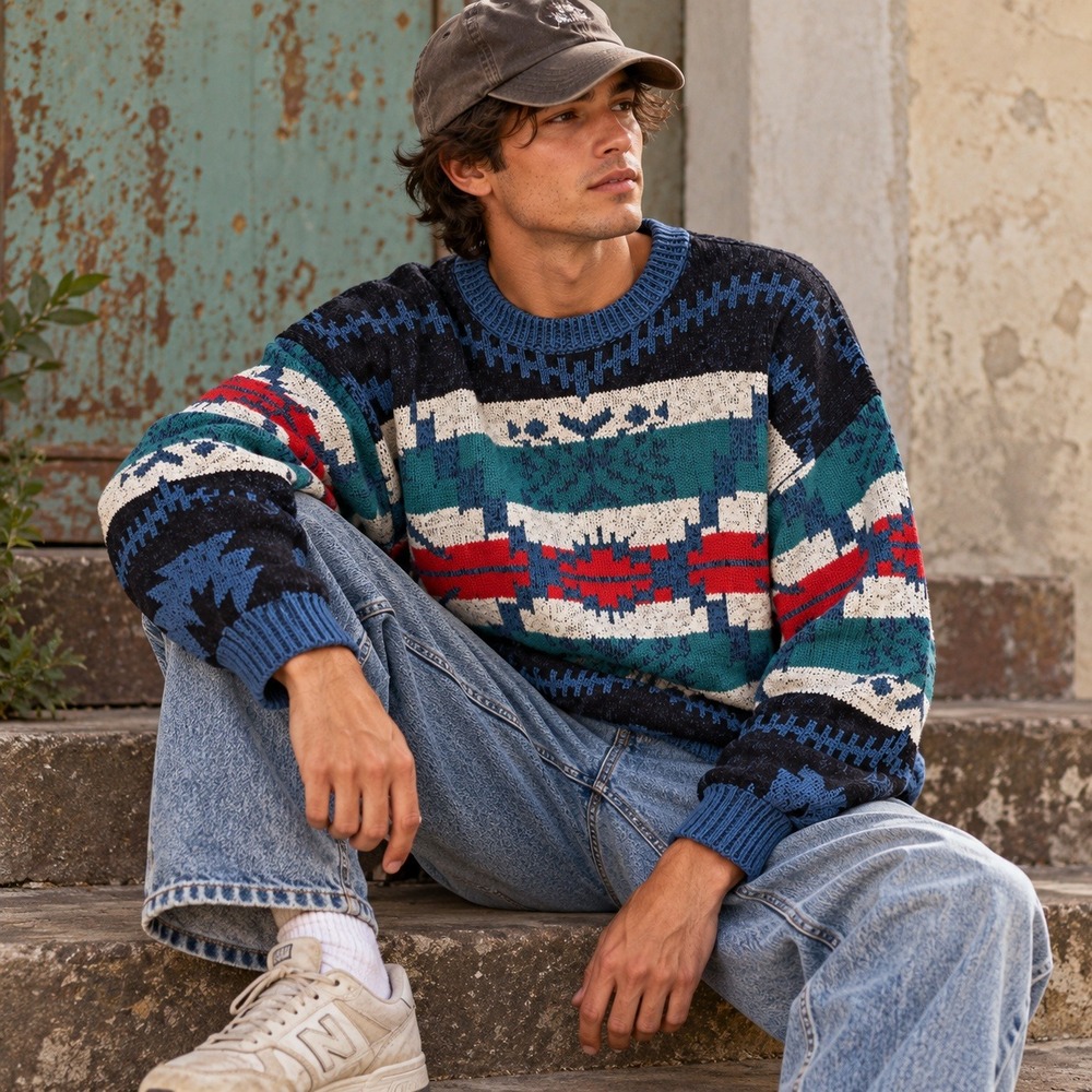 Vintage 90s Mens Dad Sweater Size M Cotton Southwestern Retro Grandpa Grunge USA